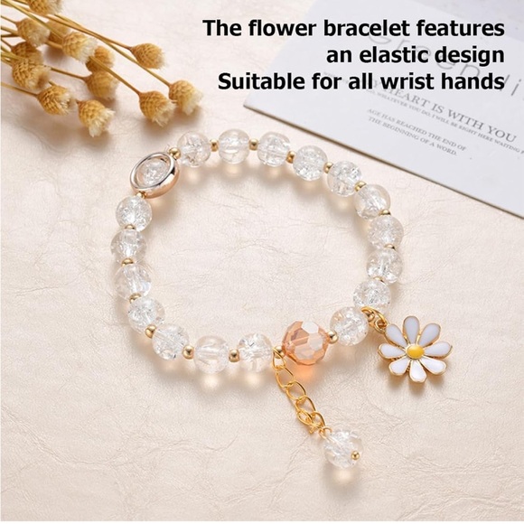 Gold Daisy Charm Beaded Bracelet - Clear and Peach - Picture 5 of 5
